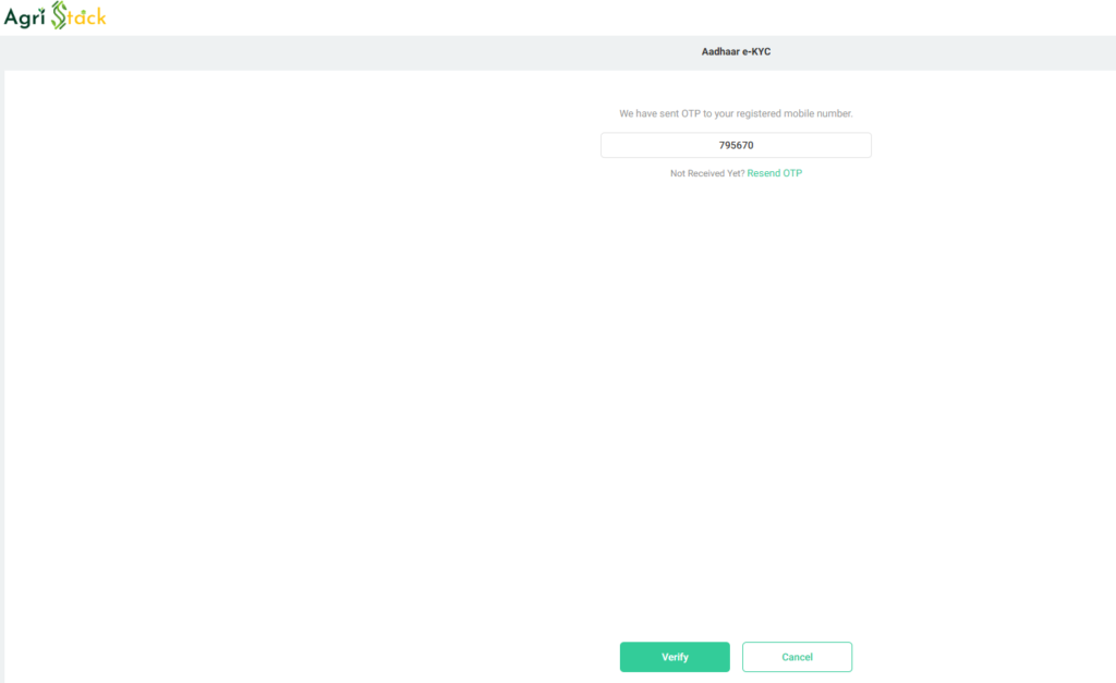 UPFR Agristack Aadhaar e-KYC Registration OTP Verification